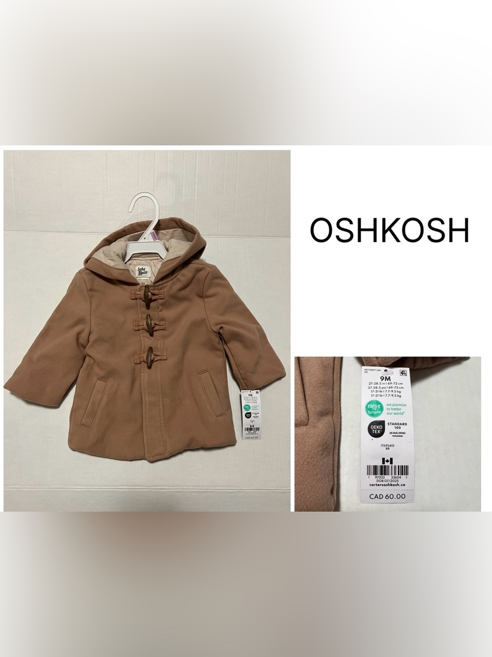 OSHKOSH - 9M - NWT - INFANT BROWN HOODED FASHION TOGGLE JACKET / COAT